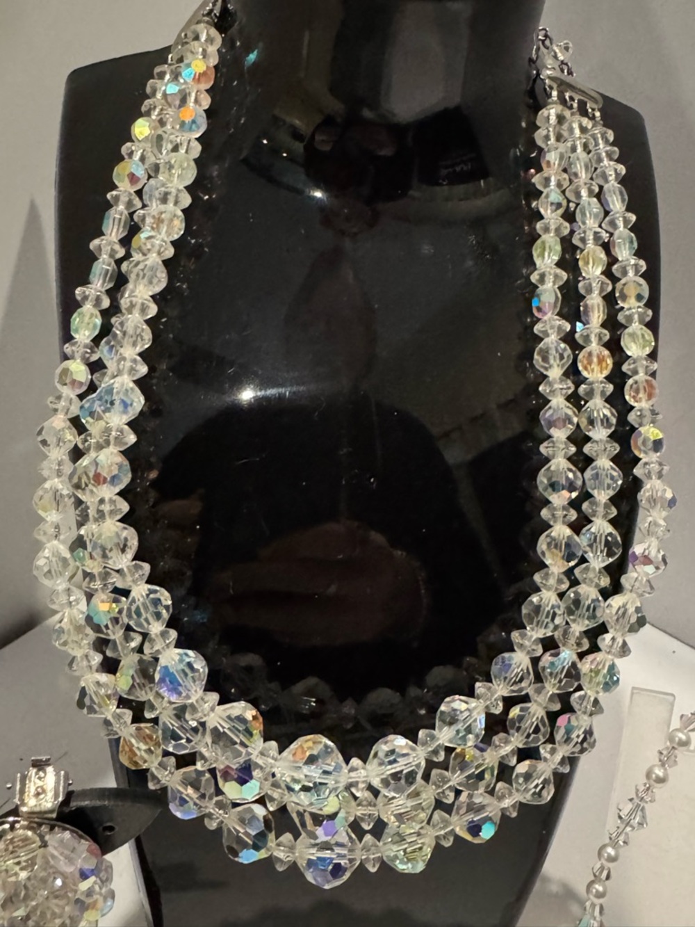 Vintage Crystal Aurora Multi-Strand Necklace -18 inch, bracelet and earrings